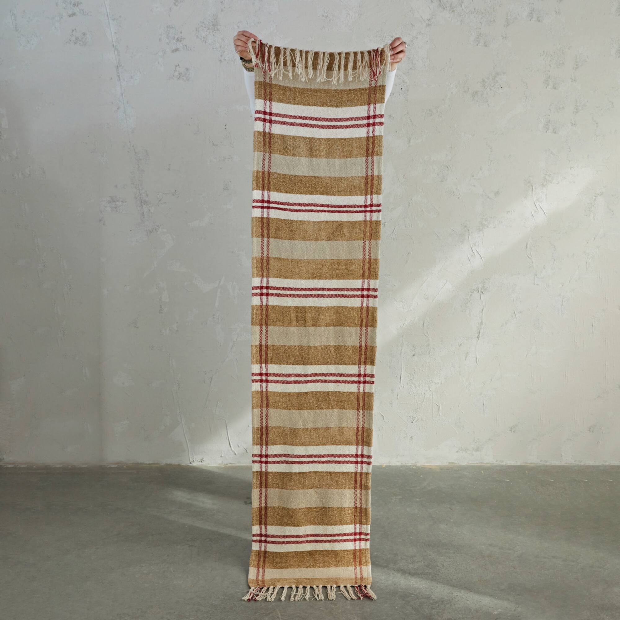 Hello Honey® 6ft. Red, Tan & Cream Plaid Recycled Chenille & Cotton Table Runner